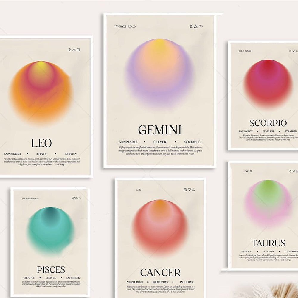 Retro Astrology 12 Zodiac Canvas Wall Art – Vintage Aesthetic Home Decoration Set